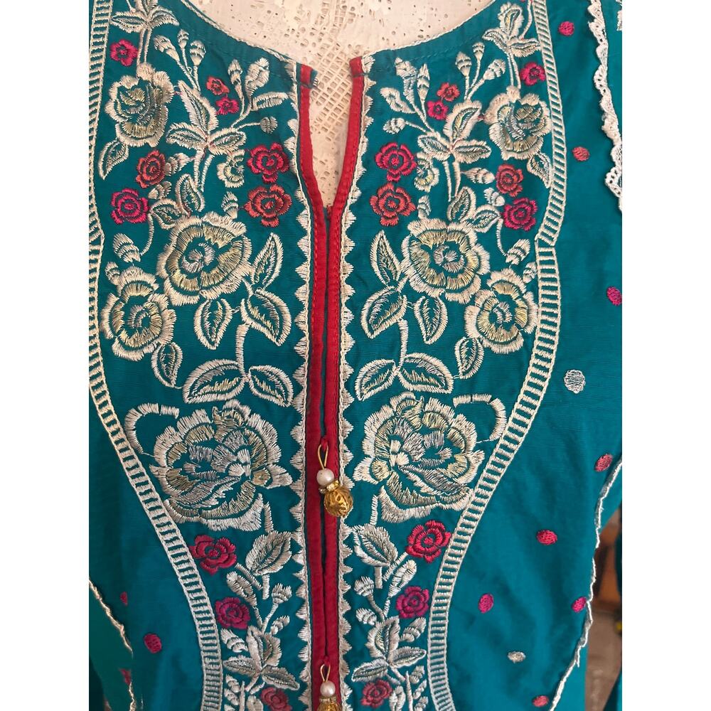 Embroidered Teal Floral Kurta Tunic Dress Lace Hem Boho Cottagecore - Picture 3 of 5
